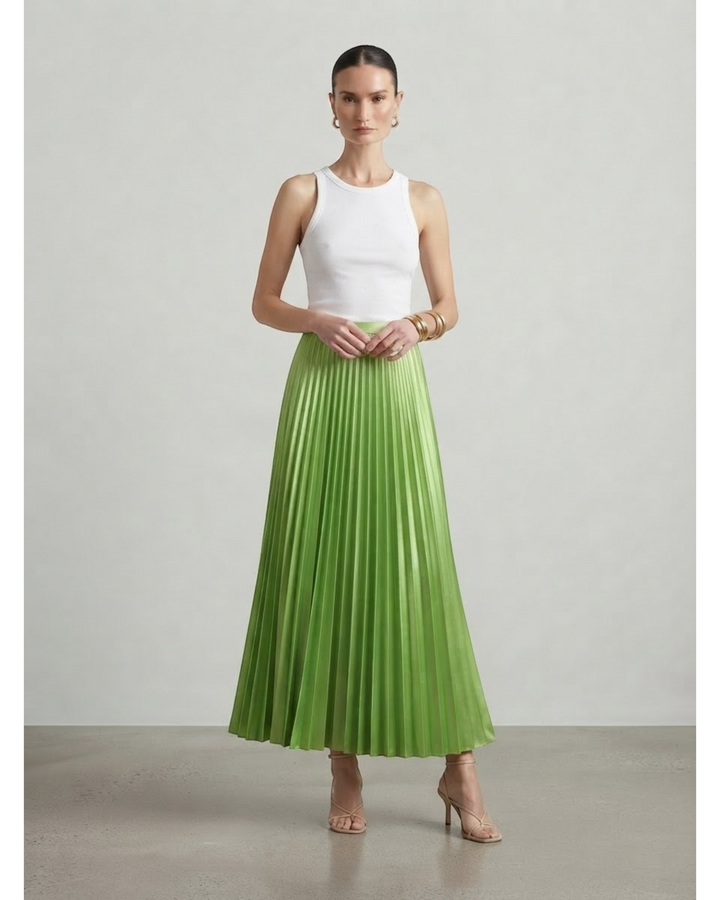 Luna Moda high-waisted lime green pleated maxi skirt paired with a white tank top on a model