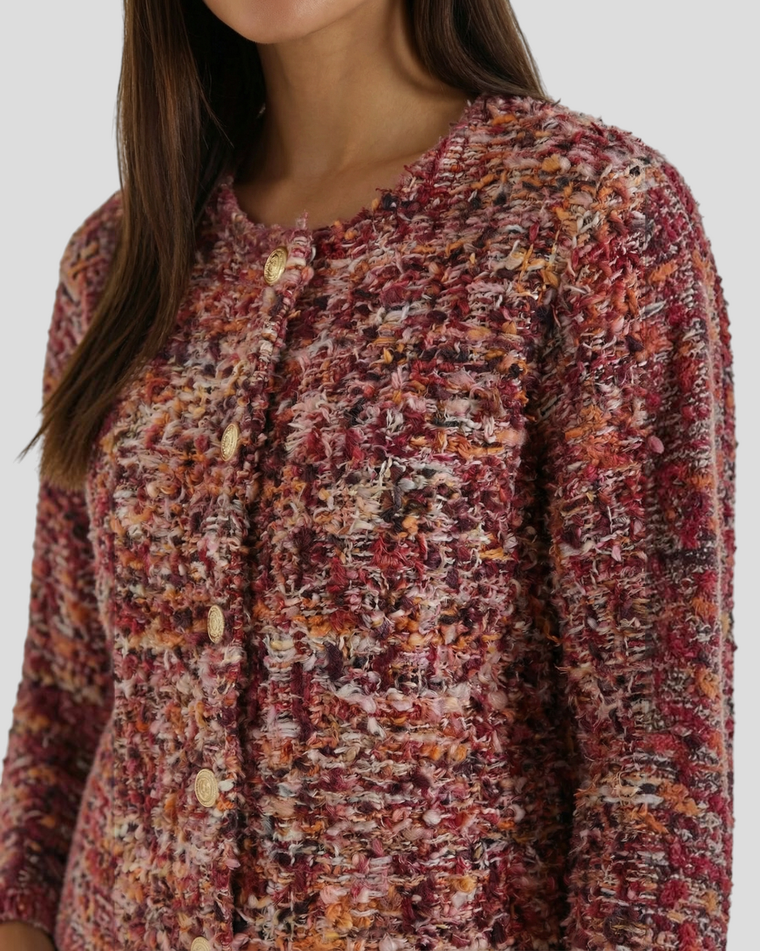 Luna Moda Matilde cropped bouclé cardigan in multi-tonal mélange with gold vintage-style buttons and frayed edges