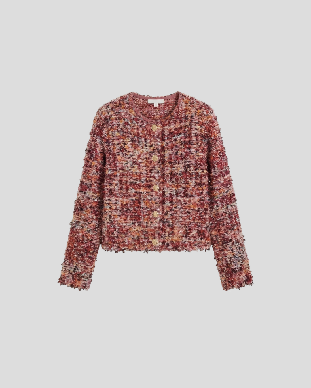 Luna Moda Matilde cropped bouclé cardigan in multi-tonal red with frayed edges and vintage-style gold buttons