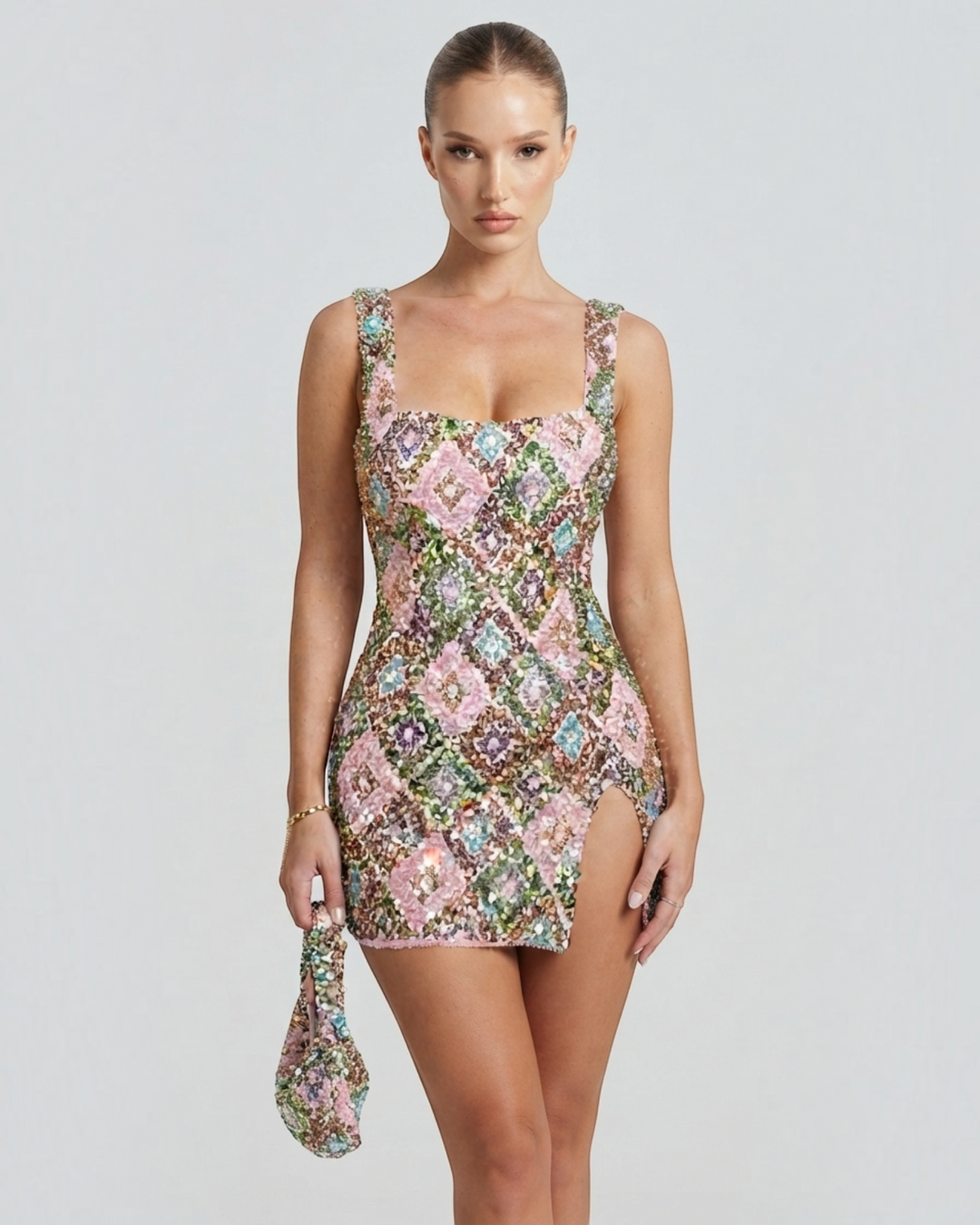 Luna Moda mini dress with square neckline and colorful diamond-patterned sequins, featuring a side slit.