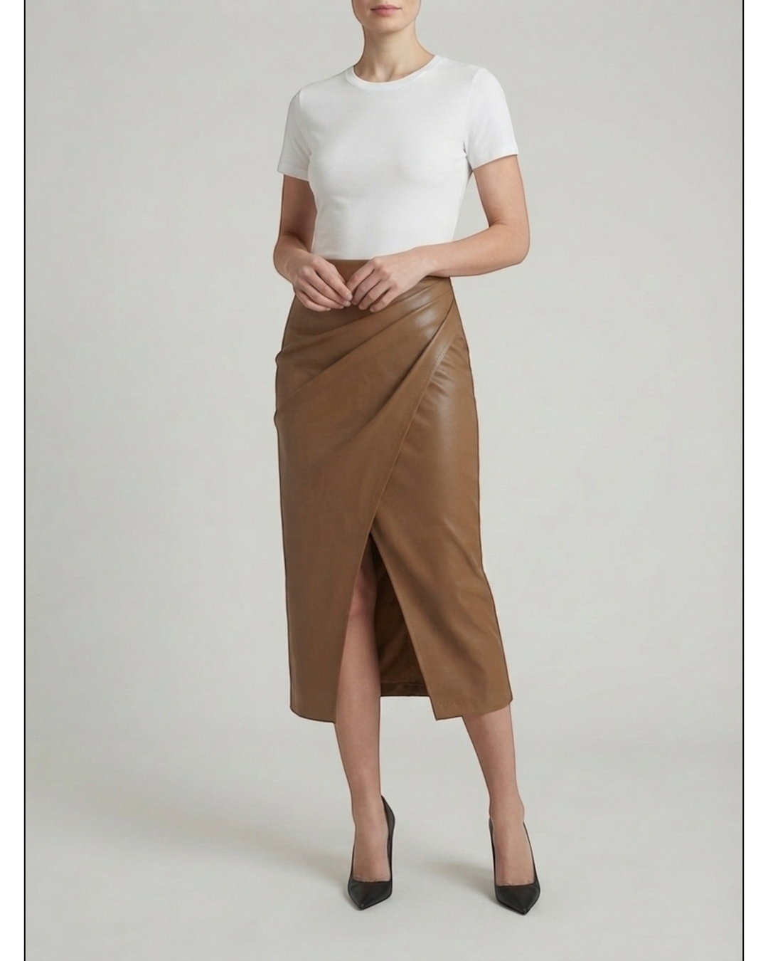 Luna Moda Natalie midi skirt in brown faux leather with draped design and front slit worn with a white t-shirt