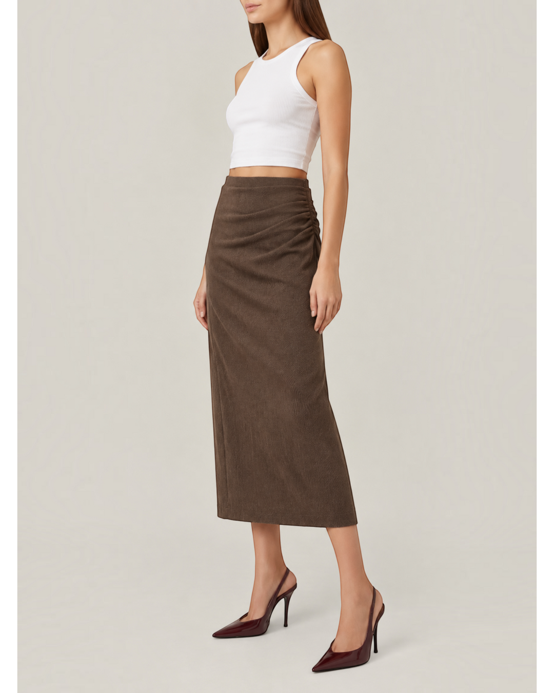 Luna Moda brown midi skirt with side ruching in soft stretch cotton worn with a white tank top and heels