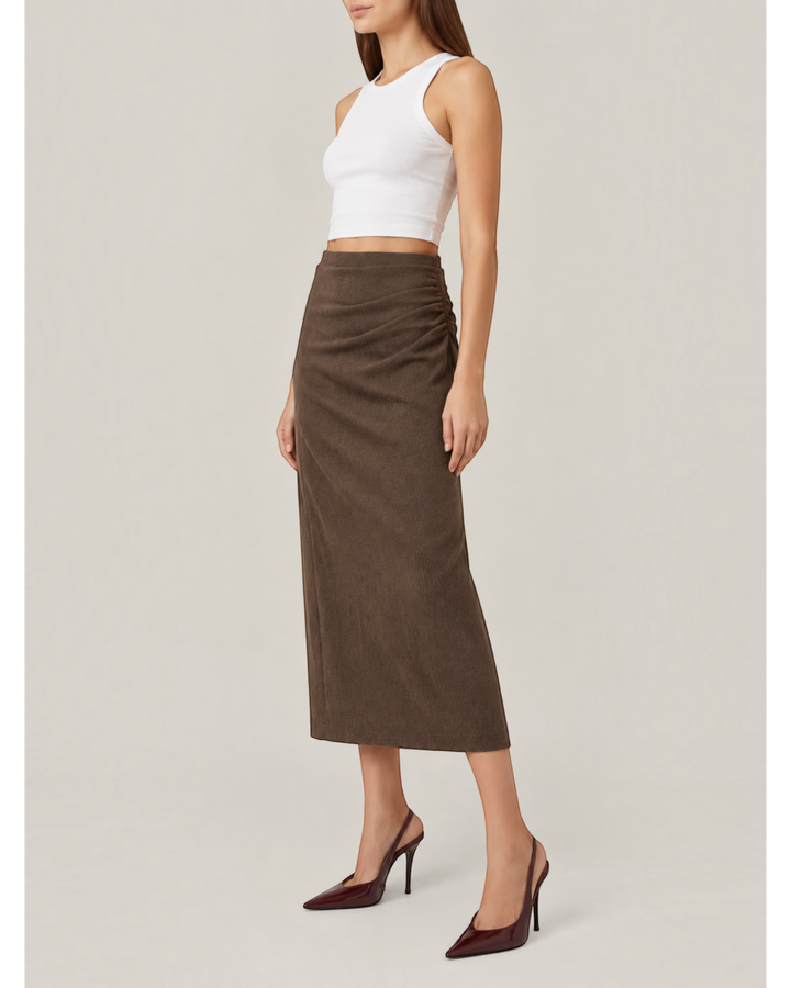 Luna Moda brown midi skirt with side ruching in soft stretch cotton worn with a white tank top and heels