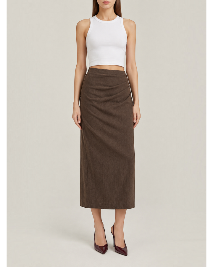 Luna Moda brown midi skirt with side ruching detail in soft stretch cotton worn with a white crop top