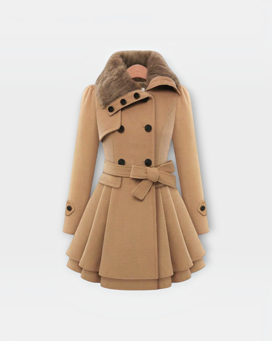 Luna Moda beige flared winter coat with a faux fur collar and waist belt, featuring a double-breasted button design.