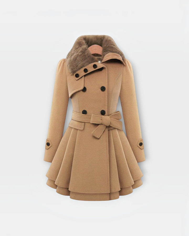 Luna Moda beige flared winter coat with a faux fur collar and waist belt, featuring a double-breasted button design.