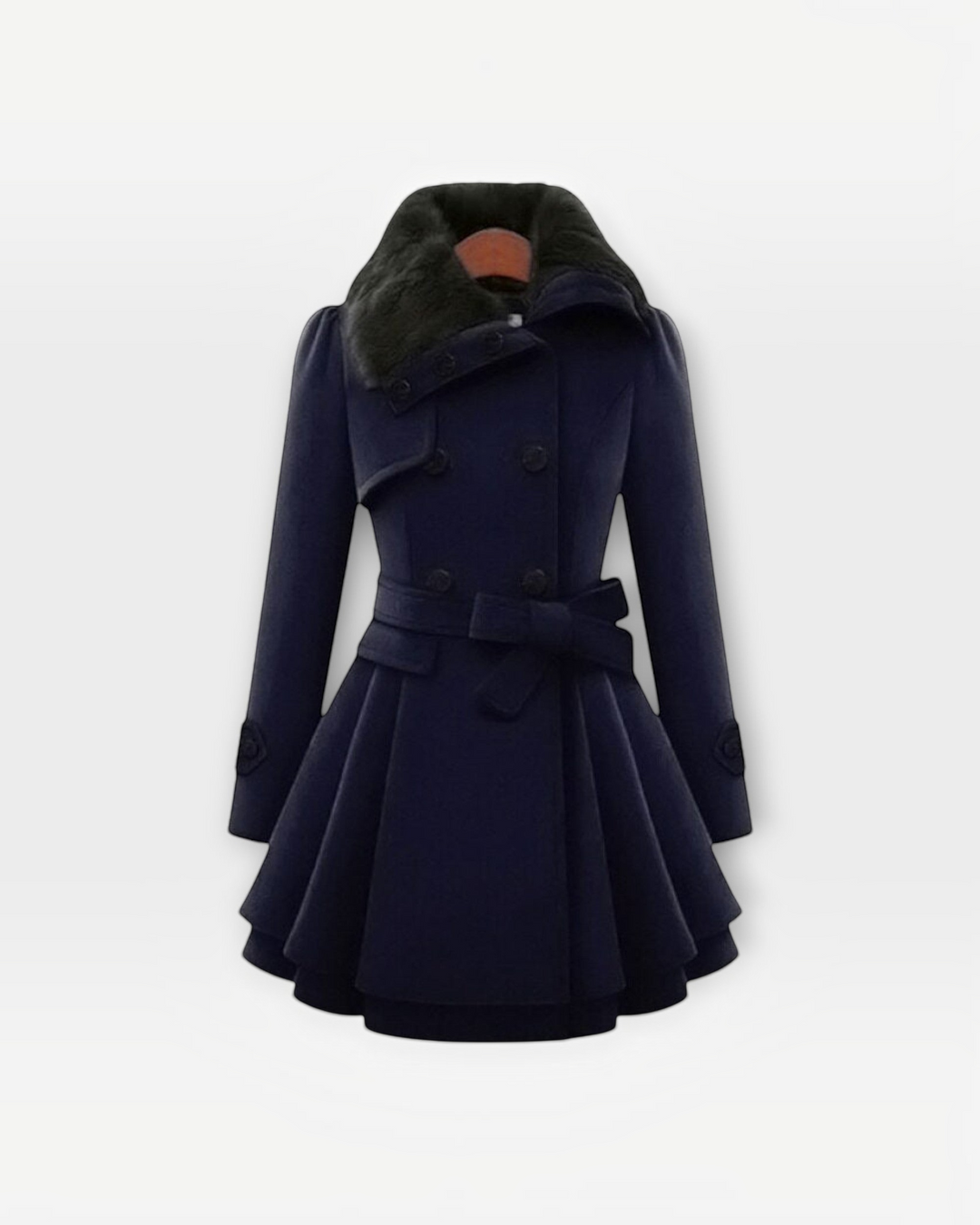 Luna Moda navy blue flared winter coat with a faux fur collar, double-breasted buttons, and a waist-cinching belt.