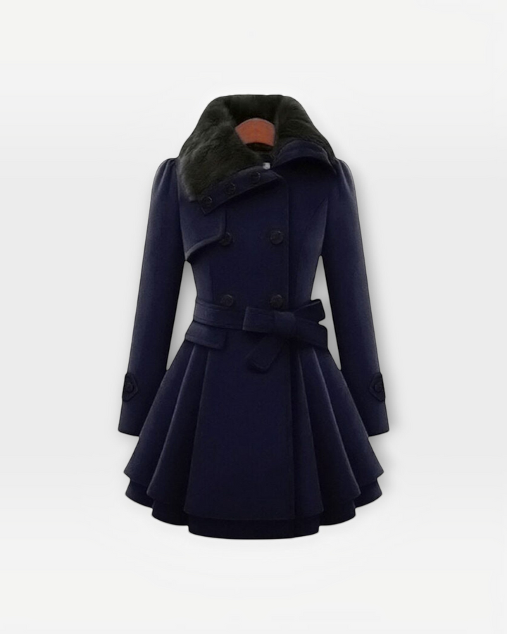 Luna Moda navy blue flared winter coat with a faux fur collar, double-breasted buttons, and a waist-cinching belt.
