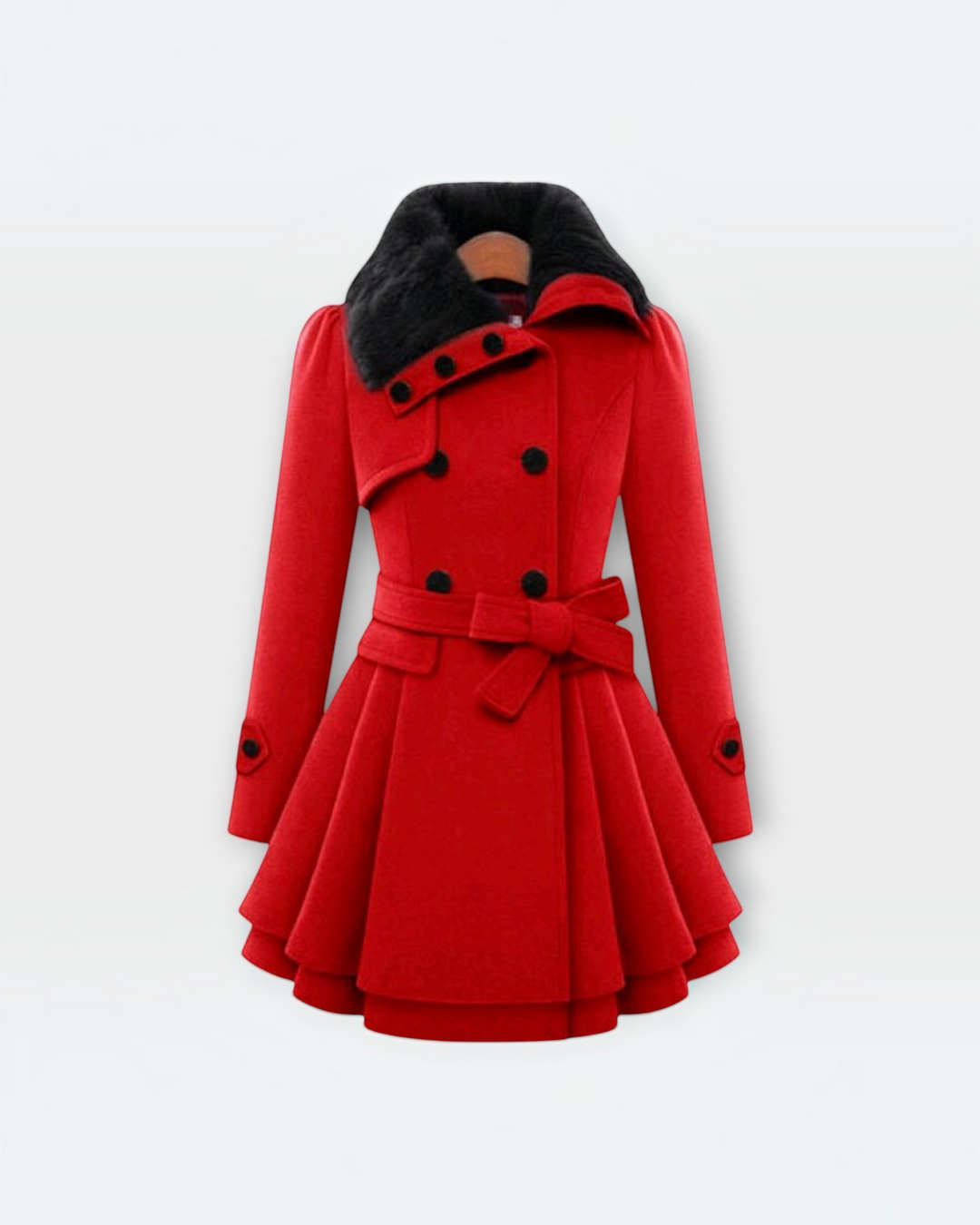 Luna Moda red flared winter coat with a black faux fur collar, double-breasted buttons, and a matching waist belt.