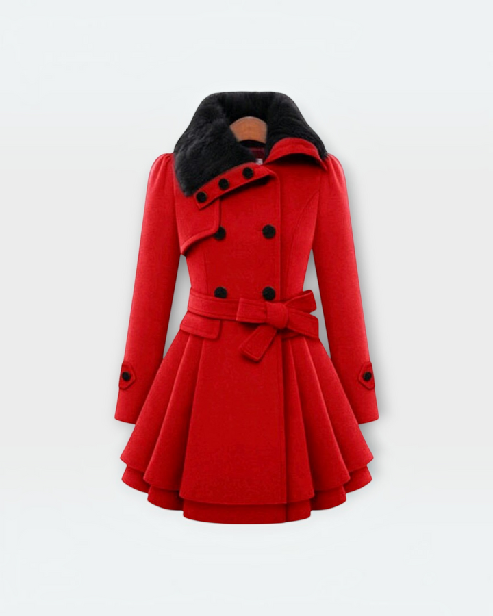 Luna Moda red flared winter coat with a black faux fur collar, double-breasted buttons, and a matching waist belt.