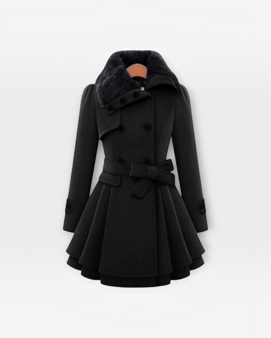 Luna Moda black flared winter coat with a faux fur collar and waist belt, featuring a double-breasted design.