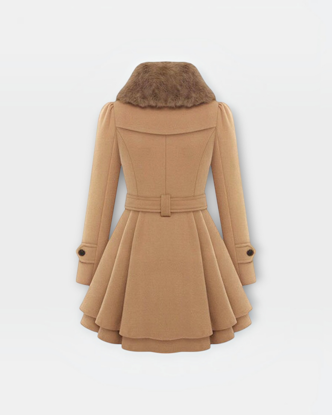 Luna Moda beige flared winter coat with faux fur collar and belted waist, back view