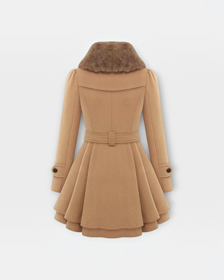 Luna Moda beige flared winter coat with faux fur collar and belted waist, back view