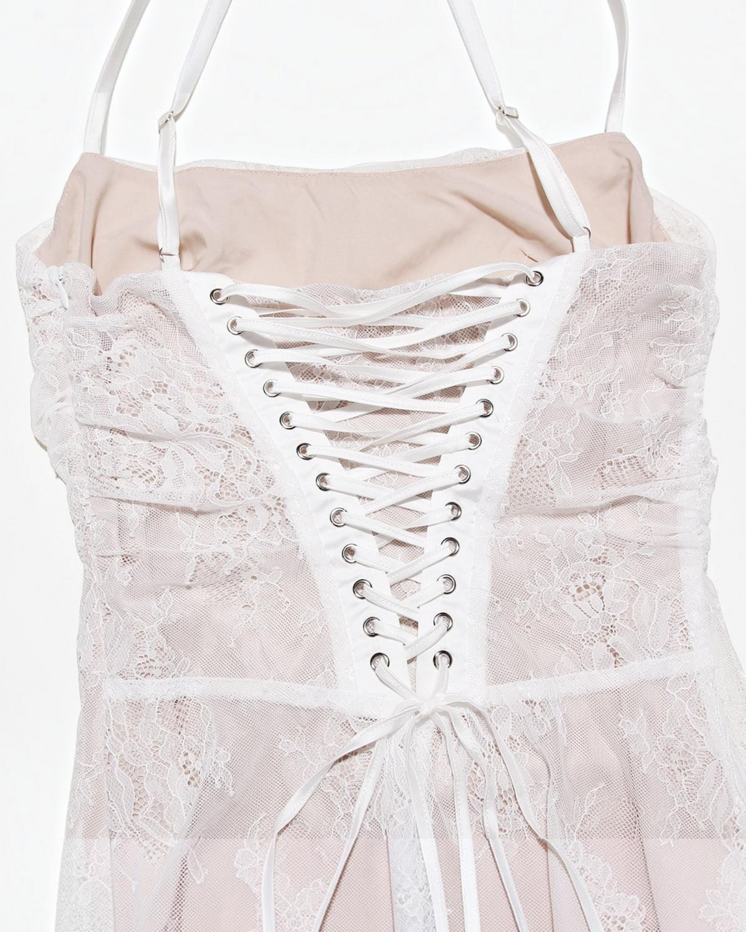 Luna Moda white lace maxi dress featuring a structured corset bodice with silver eyelet lace-up back detail