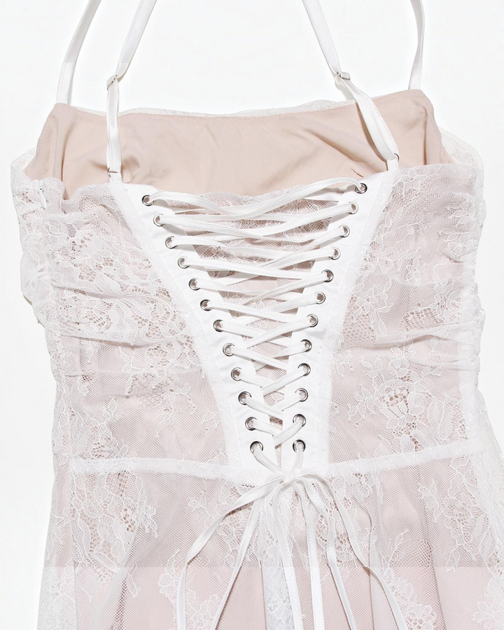 Luna Moda white lace maxi dress featuring a structured corset bodice with silver eyelet lace-up back detail