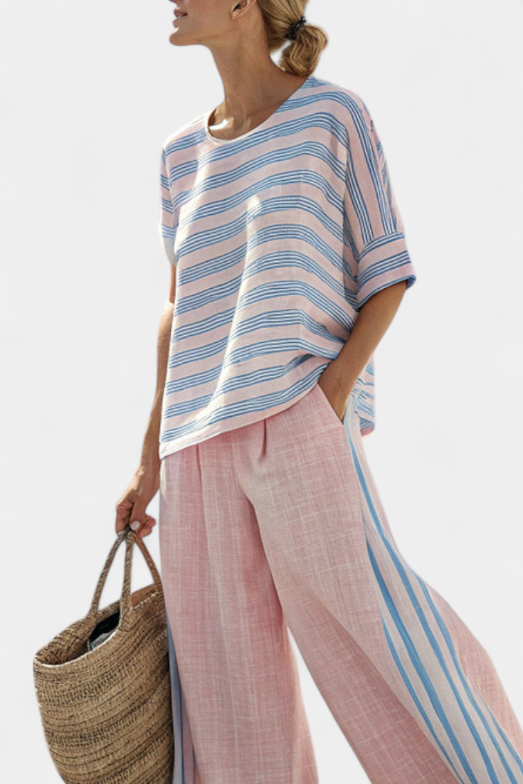 Cecília – Completo estivo in lino di bambù righe rosa e azzurro