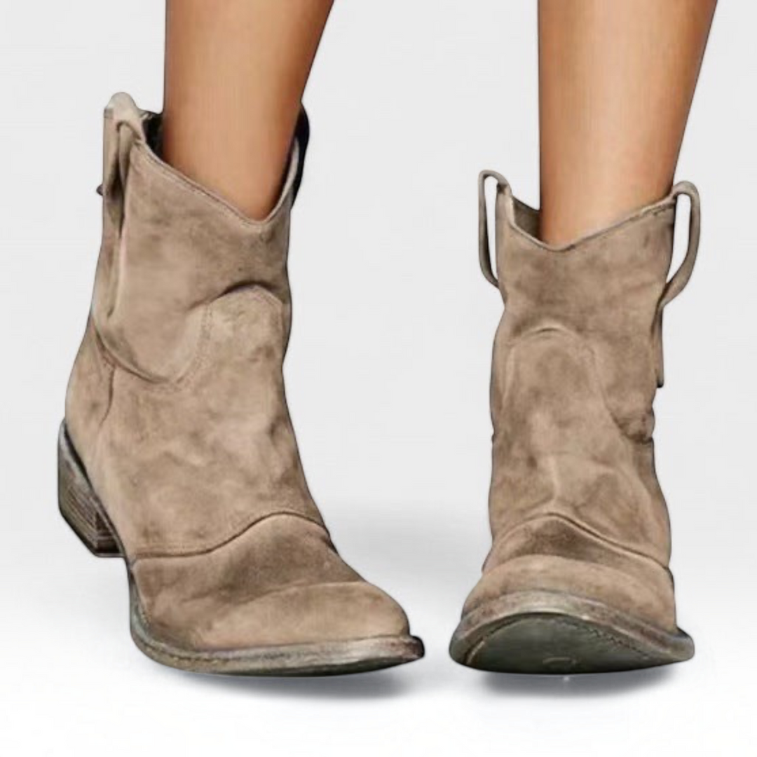 Luna Moda Rachele taupe suede western ankle boots with a block heel and classic cowboy stitching details
