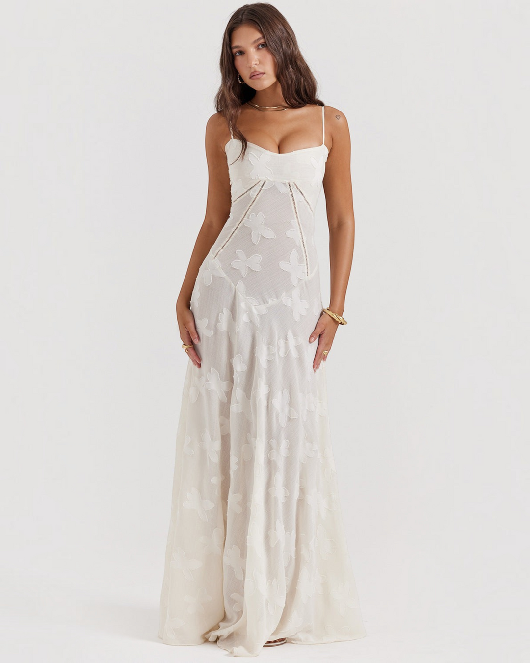 Luna Moda off-white maxi dress with butterfly embroidery, sweetheart neckline, and structured empire waist