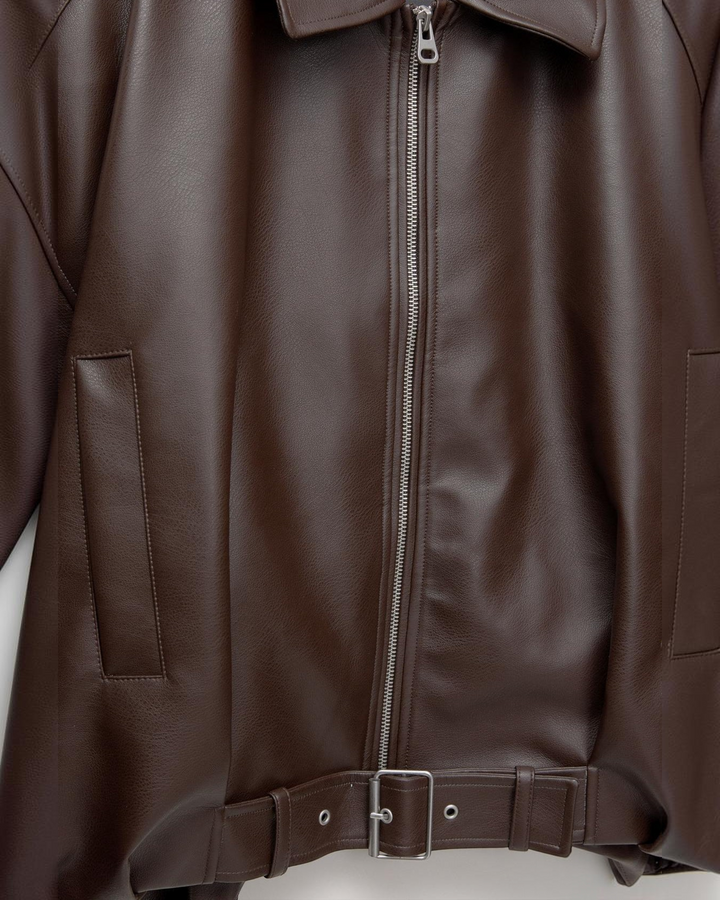 Luna Moda Alessandra dark brown faux leather jacket with a front zipper and adjustable waist belt