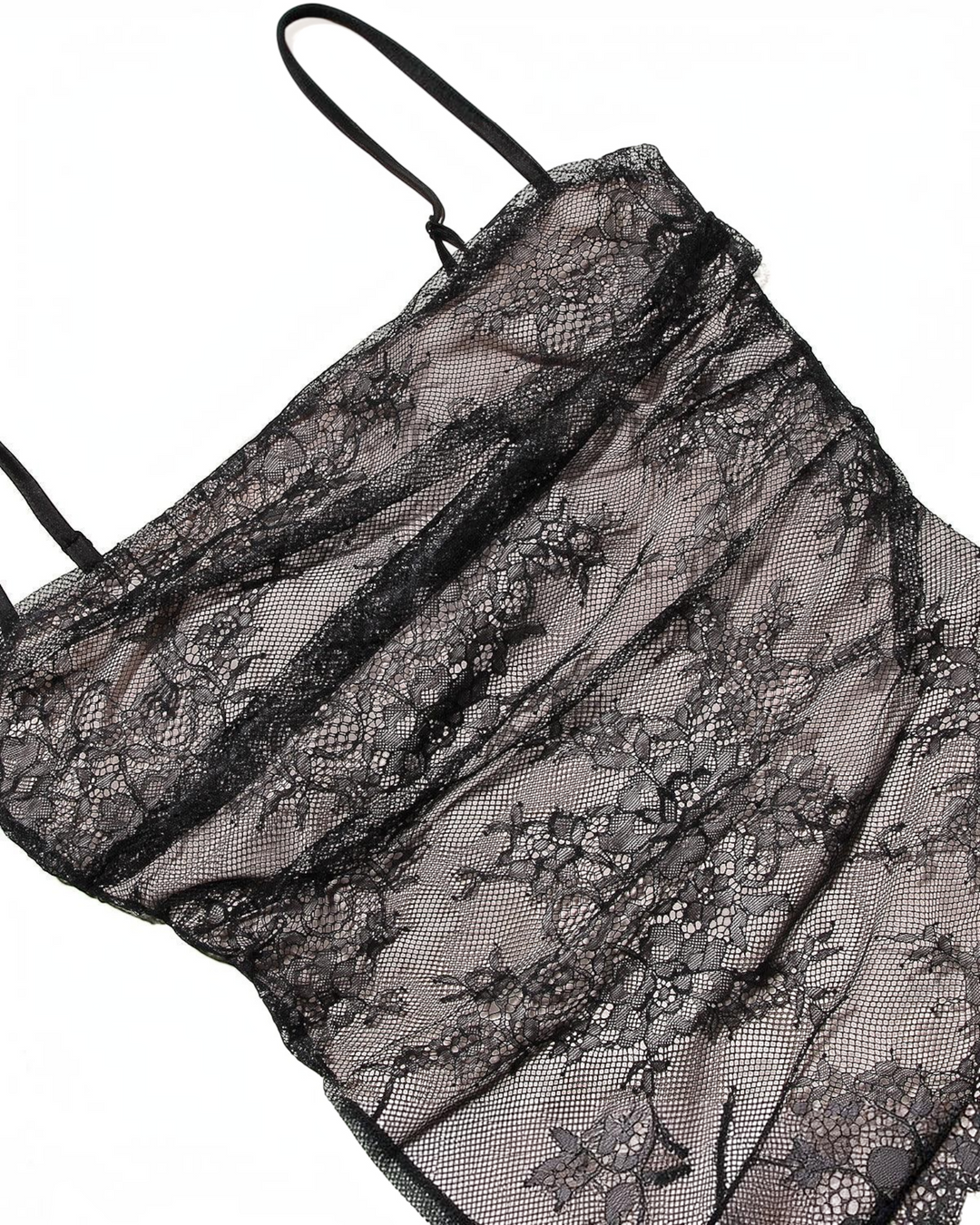 Luna Moda black lace maxi dress with a structured corset bodice and delicate spaghetti straps