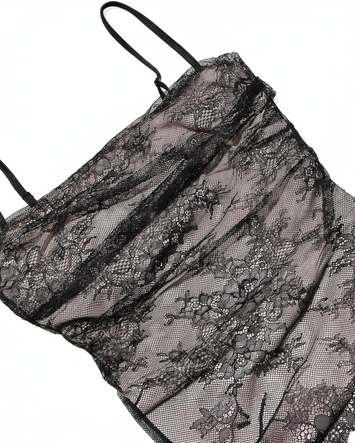 Luna Moda black lace maxi dress with a structured corset bodice and delicate spaghetti straps