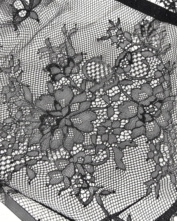 Luna Moda black floral lace fabric detail with intricate mesh pattern for the Elodia maxi dress