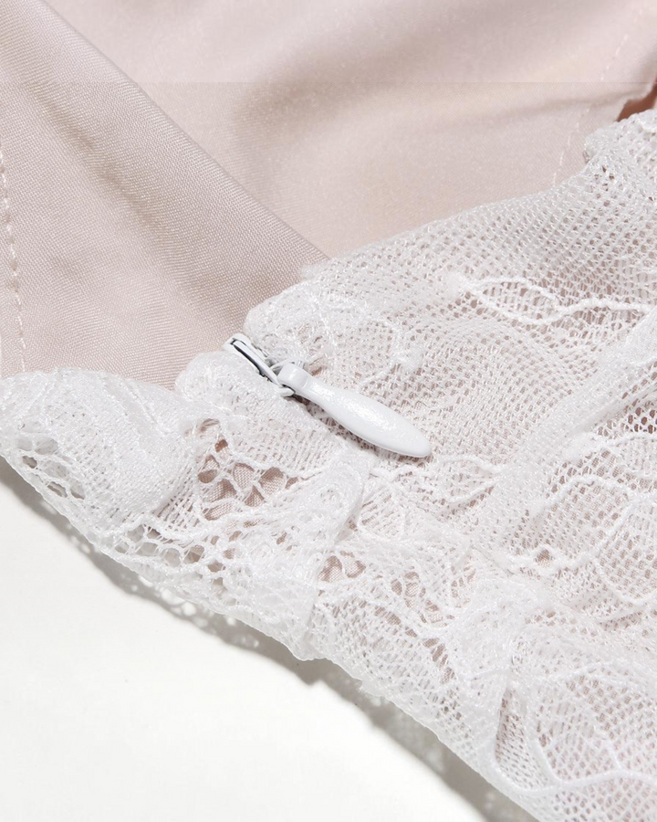 Luna Moda white lace detail on a beige structured bodice of a maxi dress with a concealed zipper closure