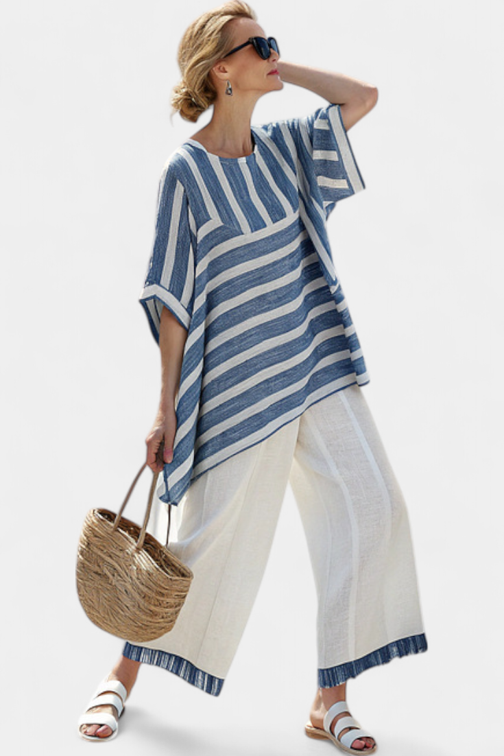 Constança – Coordinato in lino oversize a righe blu