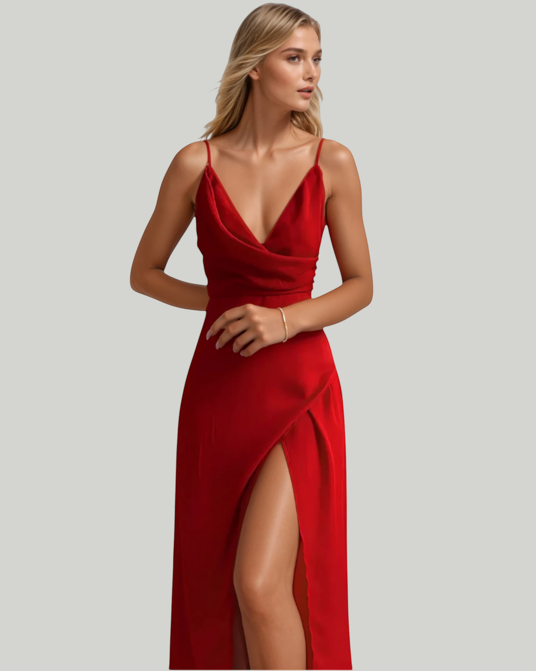 Luna Moda Aneta red silk slip dress with a cowl neckline and high leg slit worn by a blonde model