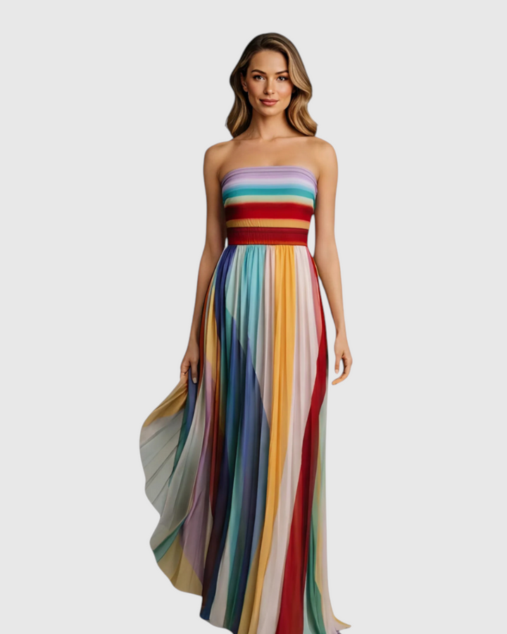 Luna Moda Giulia casual maxi dress featuring a strapless bodice and vibrant vertical multi-colored pleated skirt