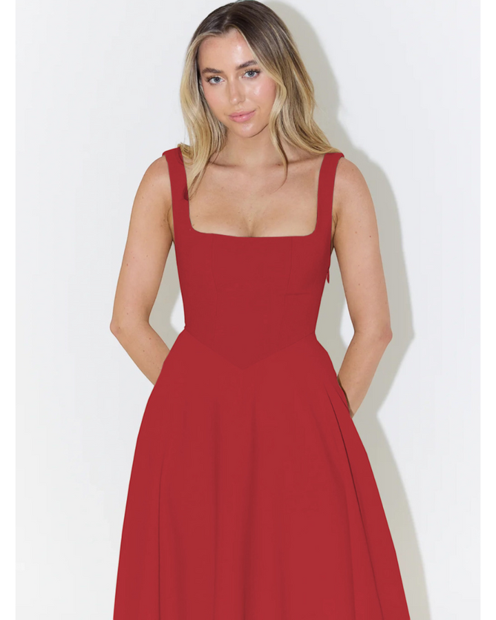 Luna Moda Scarlett Grace red midi dress with a square neckline and wide straps on a blonde model