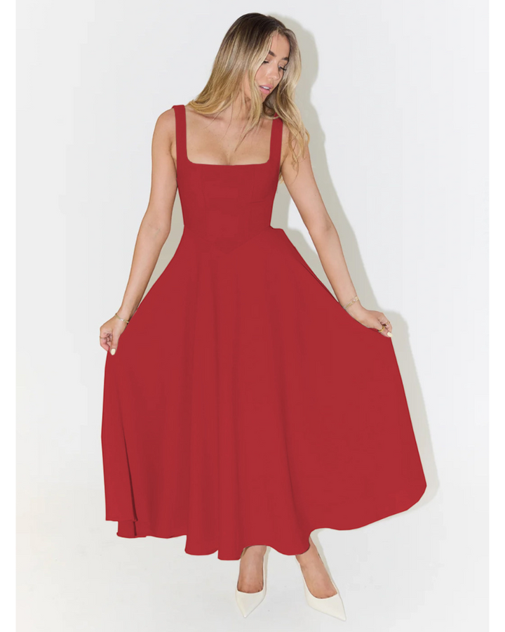 Luna Moda Scarlett Grace red midi dress with a square neckline and flared skirt worn by a blonde model