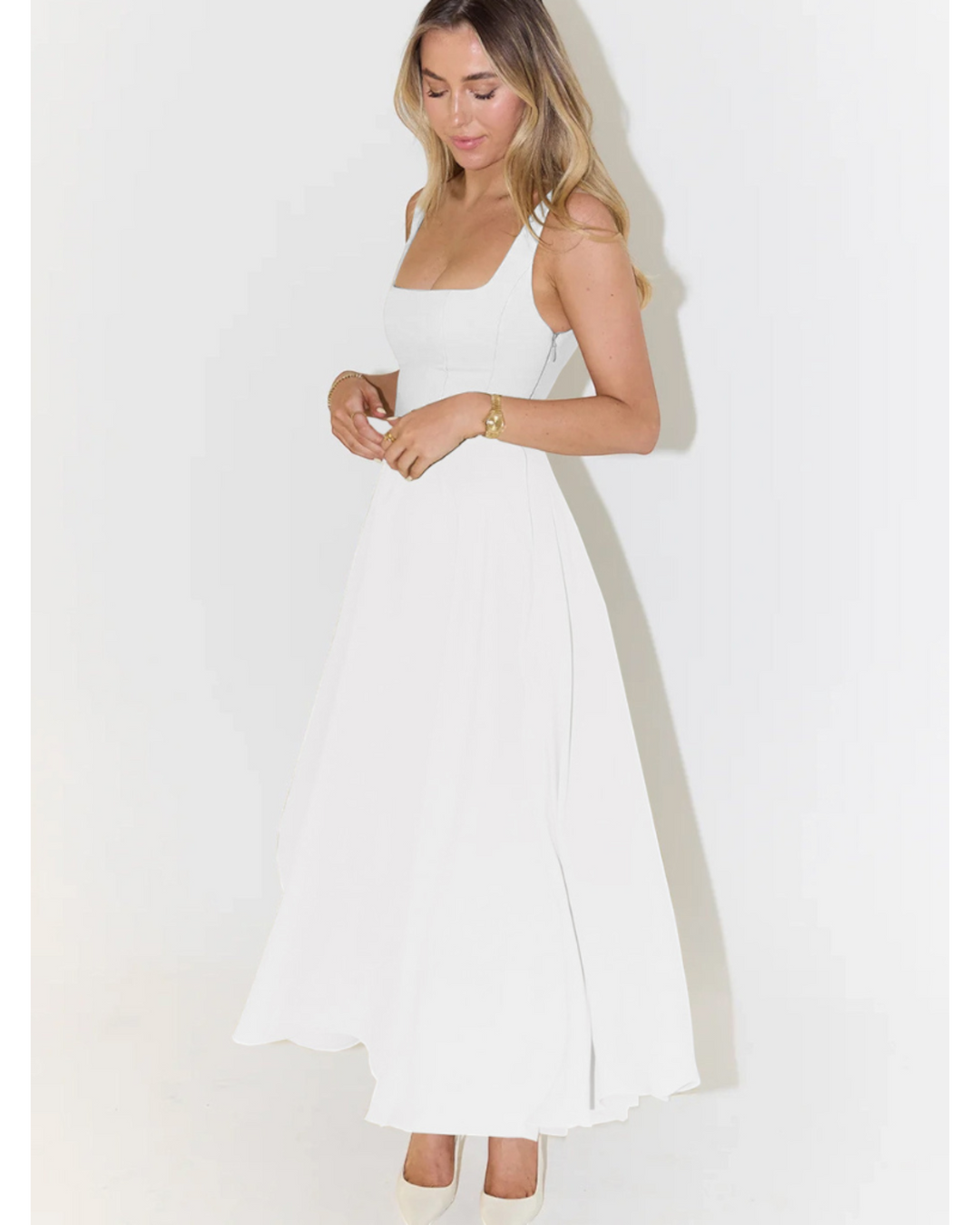 Luna Moda Scarlett Grace white midi dress with a square neckline and flared skirt worn by a blonde model