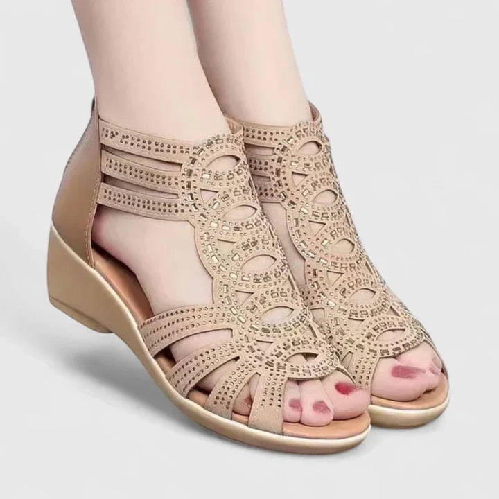 Luna Moda Mariana beige orthopedic sandals with intricate laser-cut patterns and rhinestone embellishments