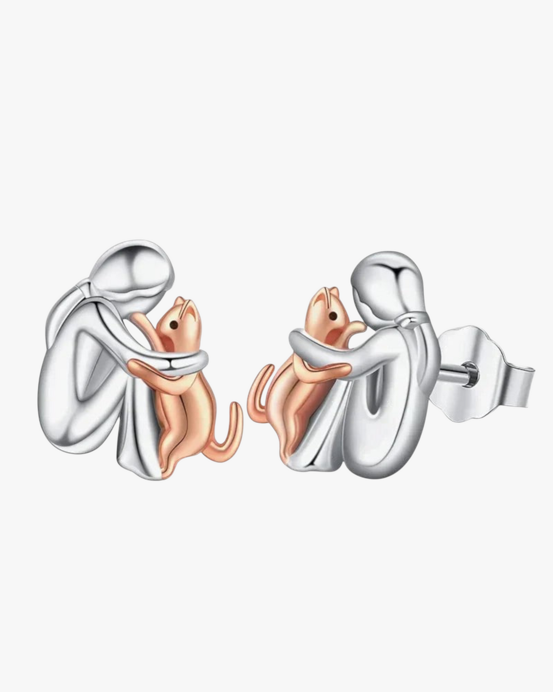 Luna Moda two-tone silver and rose gold cat hug stud earrings featuring a person embracing a small cat