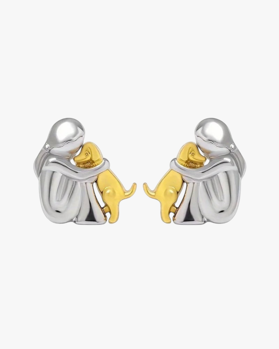 Luna Moda two-tone silver and gold dog hug earrings featuring a person embracing a puppy in a polished finish.