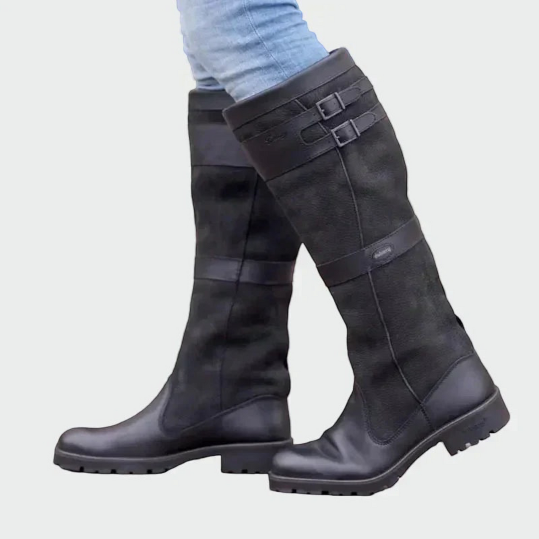 Luna Moda Paola knee-high leather boots in dark grey with double buckle straps and a durable lug sole
