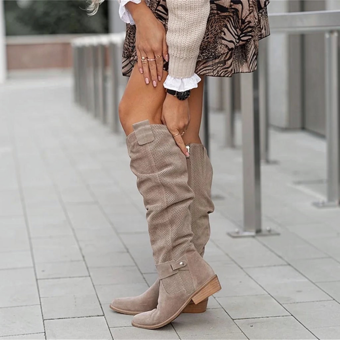 Luna Moda Estrela knee-high boots in beige suede with a textured finish, block heel, and decorative side buckle.