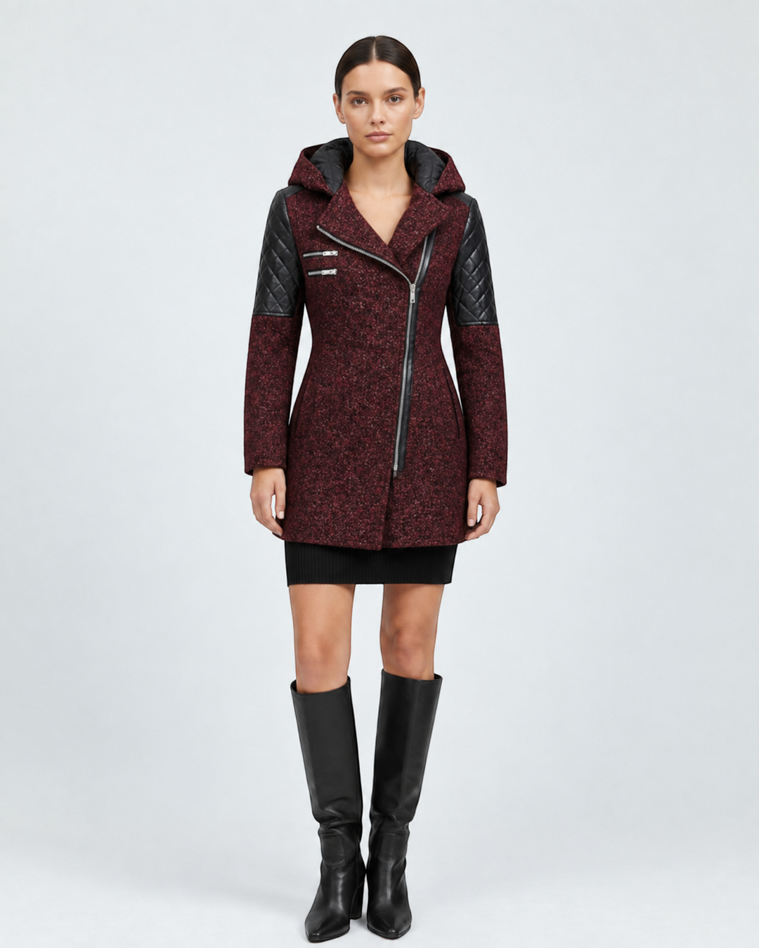 Luna Moda Sibilla winter jacket in burgundy textured fabric with black quilted leather sleeves and asymmetric zip