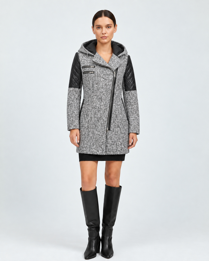 Luna Moda Sibilla winter coat in grey tweed with black quilted leather sleeves and an asymmetrical zip closure.