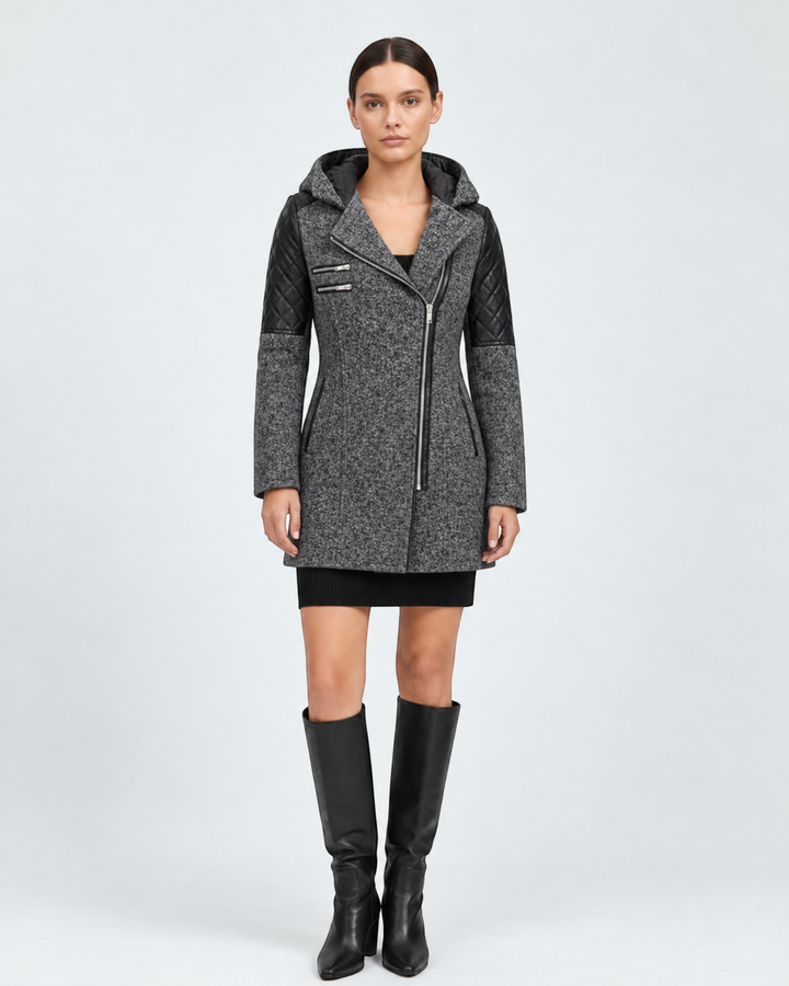 Luna Moda Sibilla winter jacket in grey wool blend with black quilted leather sleeves and an asymmetric zip closure.