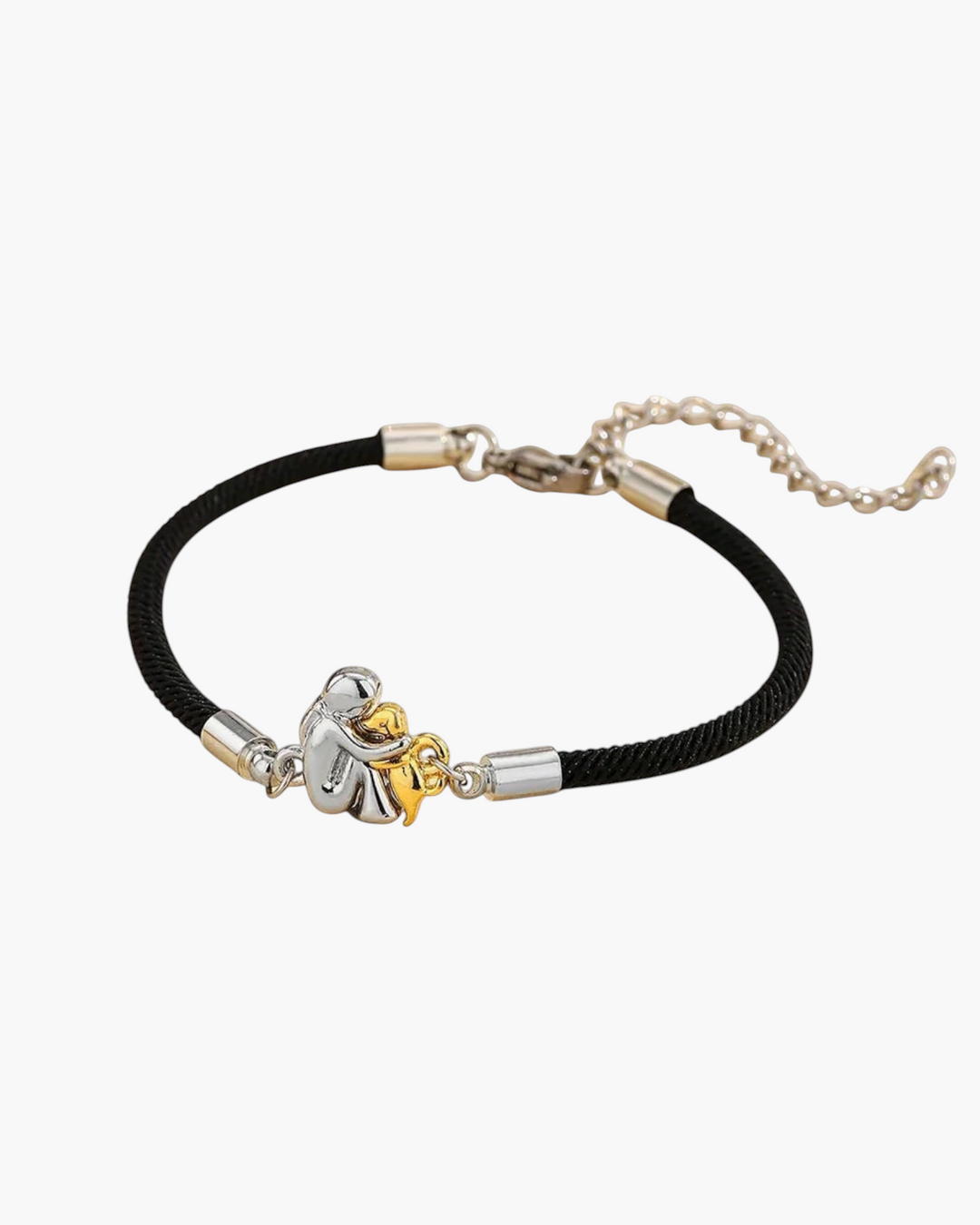 Luna Moda adjustable black cord bracelet featuring a two-tone silver and gold dog and human embrace pendant