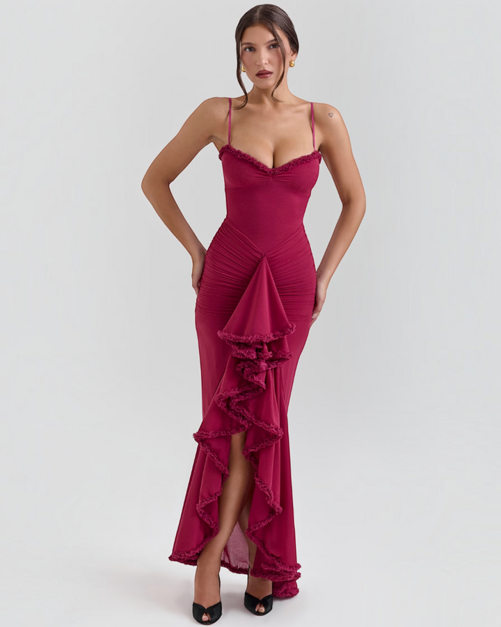 Luna Moda Edith burgundy maxi dress with thin straps, ruched bodice, and a dramatic ruffled high-slit skirt