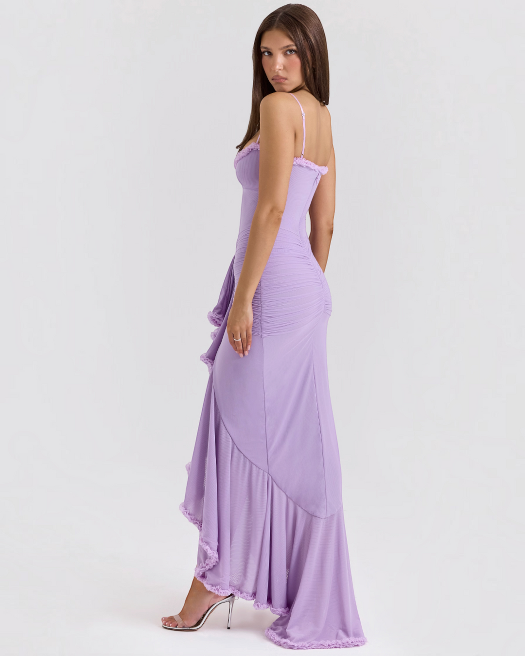 Luna Moda Edith lavender maxi dress with spaghetti straps, ruched bodice, and dynamic ruffled hem for elegant events.