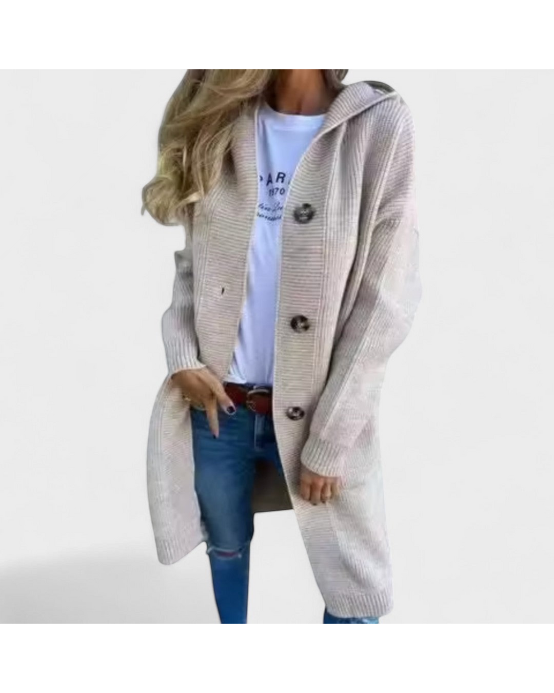 Luna Moda beige longline hooded knit cardigan with button closure worn over a white t-shirt and blue jeans