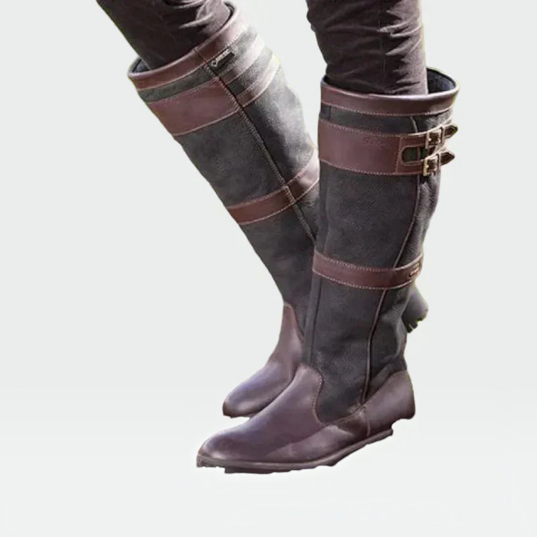 Luna Moda Paola knee-high boots in brown and grey leather with double buckle straps and durable lug soles