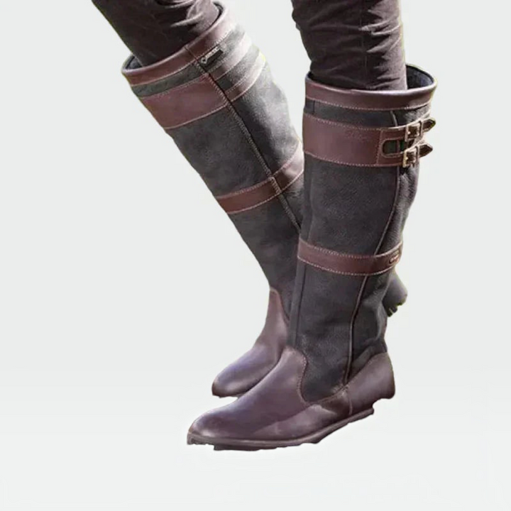 Luna Moda Paola knee-high boots in brown and grey leather with double buckle straps and durable lug soles
