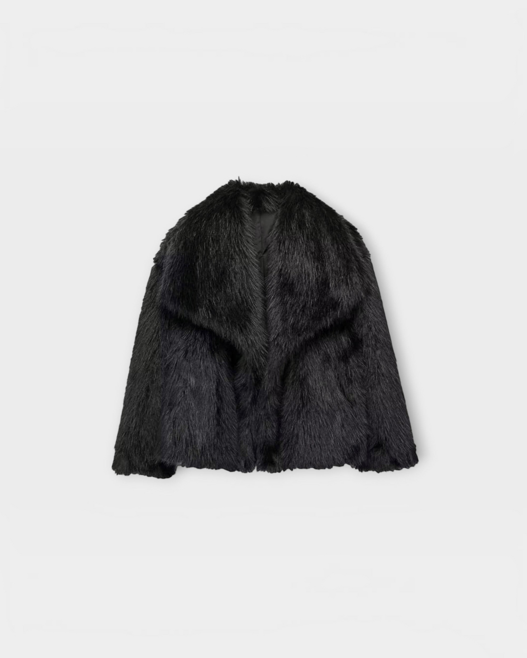Luna Moda Margherita black faux fur coat with a wide collar and soft textured finish for a sophisticated look.