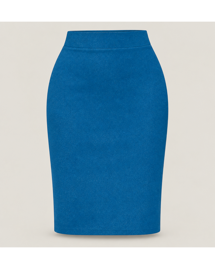 Luna Moda blue high-waisted pencil skirt with a structured matte finish, perfect for professional office wear.