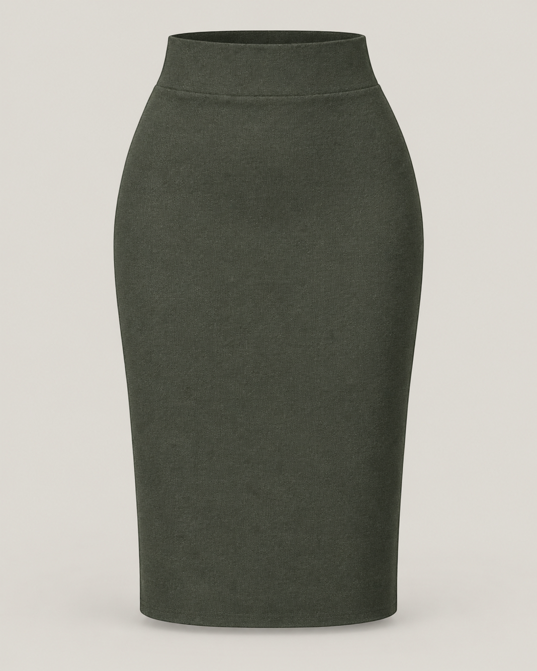 Luna Moda high-waisted olive green pencil skirt in structured matte fabric for professional office wear.